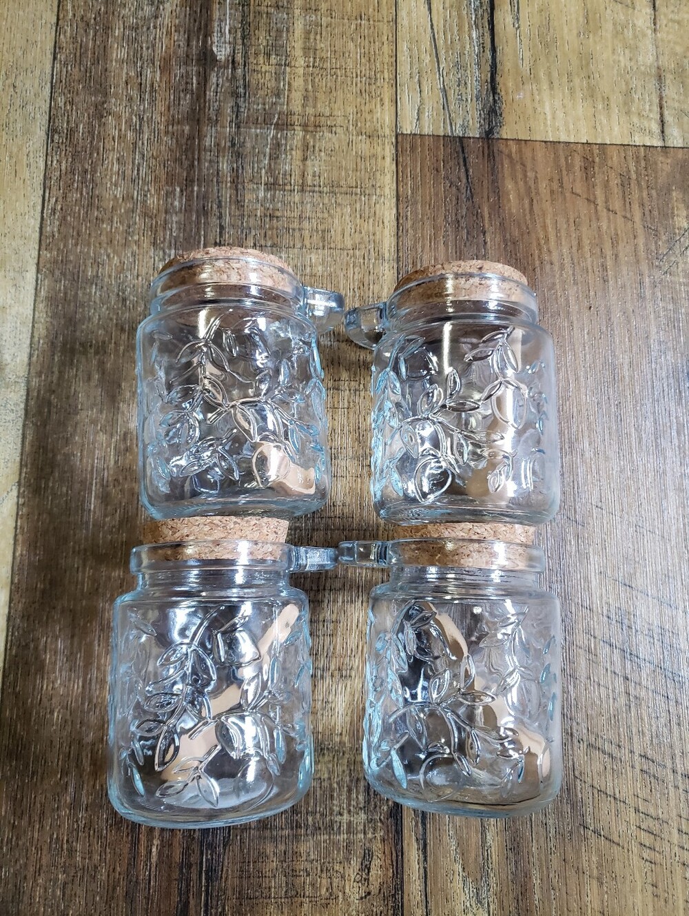 Set of 4 Clear Glass Spice Jars with Cork Lids & Wooden Spoon with Lemon Design
